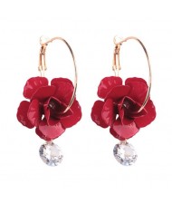 Rhinestone Embellished Acrylic Flower High Fashion Ear Clips - Red