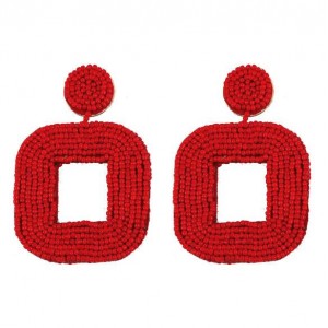 Creative Mini-beads Square Shape Bold Fashion Women Statement Earrings - Red