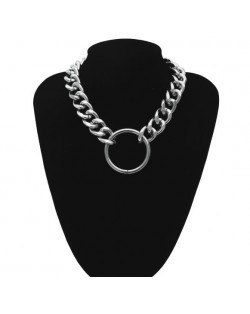 Alloy Ring Pendant Bold Chunky Chain High Fashion Costume Necklace - Silver