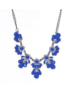 Resin Gems and Rhinestone Summer Style Flowers High Fashion Costume Statement Necklace - Royal Blue