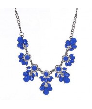 Resin Gems and Rhinestone Summer Style Flowers High Fashion Costume Statement Necklace - Royal Blue