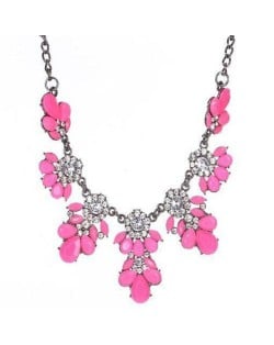 Resin Gems and Rhinestone Summer Style Flowers High Fashion Costume Statement Necklace - Pink