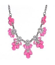 Resin Gems and Rhinestone Summer Style Flowers High Fashion Costume Statement Necklace - Pink