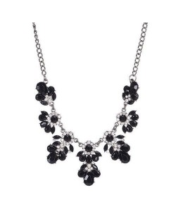 Resin Gems and Rhinestone Summer Style Flowers High Fashion Costume Statement Necklace - Black