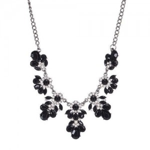 Resin Gems and Rhinestone Summer Style Flowers High Fashion Costume Statement Necklace - Black