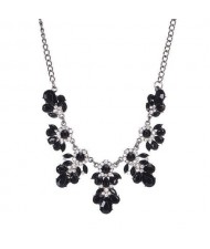 Resin Gems and Rhinestone Summer Style Flowers High Fashion Costume Statement Necklace - Black