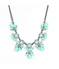 Resin Gems and Rhinestone Summer Style Flowers High Fashion Costume Statement Necklace - Teal