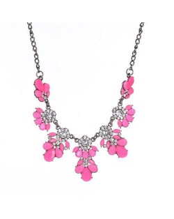 Resin Gems and Rhinestone Summer Style Flowers High Fashion Costume Statement Necklace - Rose