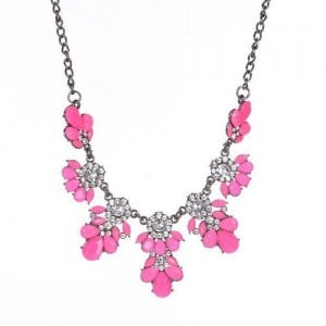 Resin Gems and Rhinestone Summer Style Flowers High Fashion Costume Statement Necklace - Rose