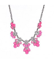 Resin Gems and Rhinestone Summer Style Flowers High Fashion Costume Statement Necklace - Rose