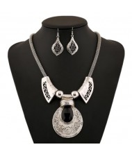 Vintage Royal Floral Engraving Pattern with Gem Inlaid Design Fashion Costume Necklace and Earrings Set
