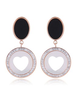 Czech Rhinestone Embellished Peach Heart Fashion Stainless Steel Earrings - White