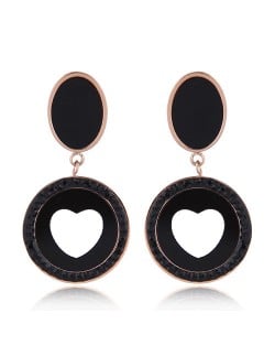 Czech Rhinestone Embellished Peach Heart Fashion Stainless Steel Earrings - Black