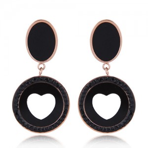 Czech Rhinestone Embellished Peach Heart Fashion Stainless Steel Earrings - Black