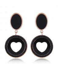Czech Rhinestone Embellished Peach Heart Fashion Stainless Steel Earrings - Black