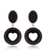 Czech Rhinestone Embellished Peach Heart Fashion Stainless Steel Earrings - Black