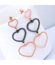 Triple Dangling Hearts Design Women Stainless Steel Earrings