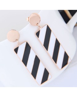 Black and White Contrast Color Oblong Shape Dangling Pendant Design Women Stainless Steel Earrings