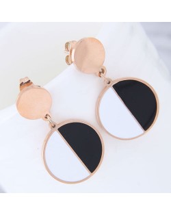 Black and White Contrast Color Design Round Pendant Women Stainless Steel Earrings