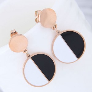 Black and White Contrast Color Design Round Pendant Women Stainless Steel Earrings