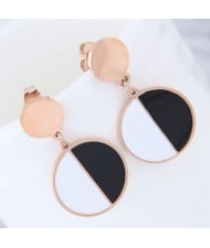 Black and White Contrast Color Design Round Pendant Women Stainless Steel Earrings