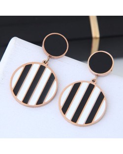 Black and White Stripes Design Round Pendant Women Stainless Steel Earrings