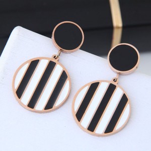 Black and White Stripes Design Round Pendant Women Stainless Steel Earrings