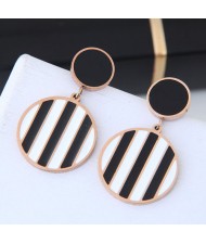 Black and White Stripes Design Round Pendant Women Stainless Steel Earrings