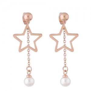 Dangling Pearl Tassel Design Star Fashion Stainless Steel Earrings