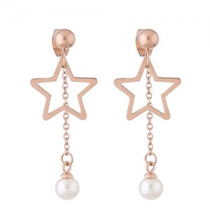 Dangling Pearl Tassel Design Star Fashion Stainless Steel Earrings