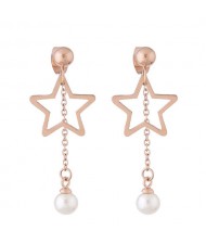 Dangling Pearl Tassel Design Star Fashion Stainless Steel Earrings