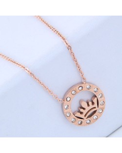 Rhinestone Embellished Crown Inlaid Round Pendant Women Stainless Steel Necklace