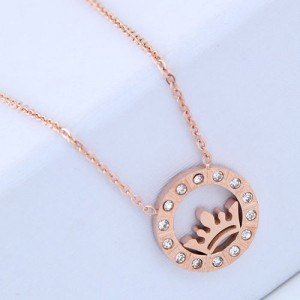 Rhinestone Embellished Crown Inlaid Round Pendant Women Stainless Steel Necklace