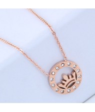 Rhinestone Embellished Crown Inlaid Round Pendant Women Stainless Steel Necklace