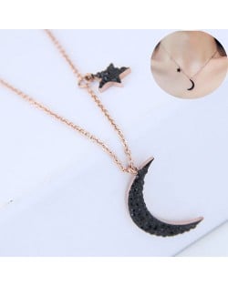 Black Star and Moon Pendants Design Women Stainless Steel Necklace