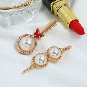 Butterfly and Artificial Pearl Fashion Women Hair Barrettes Combo - Red