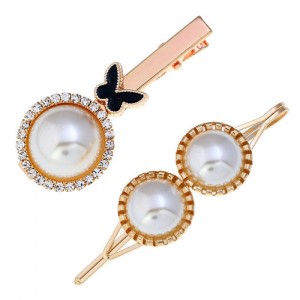 Butterfly and Artificial Pearl Fashion Women Hair Barrettes Combo - Black
