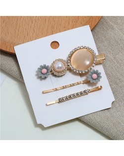 Shining Daisy Floral Design Resin Gems Inlaid Women Hair Barrette and Clips Combo - Gray
