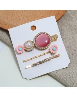Shining Daisy Floral Design Resin Gems Inlaid Women Hair Barrette and Clips Combo - Pink