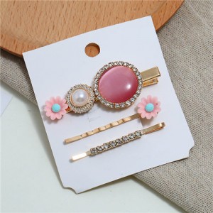 Shining Daisy Floral Design Resin Gems Inlaid Women Hair Barrette and Clips Combo - Pink