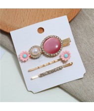 Shining Daisy Floral Design Resin Gems Inlaid Women Hair Barrette and Clips Combo - Pink