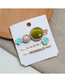 Shining Daisy Floral Design Resin Gems Inlaid Women Hair Barrette and Clips Combo - Teal