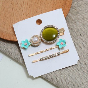 Shining Daisy Floral Design Resin Gems Inlaid Women Hair Barrette and Clips Combo - Teal