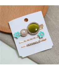 Shining Daisy Floral Design Resin Gems Inlaid Women Hair Barrette and Clips Combo - Teal