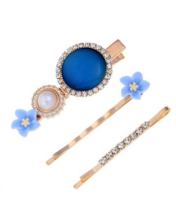 Shining Daisy Floral Design Resin Gems Inlaid Women Hair Barrette and Clips Combo - Blue