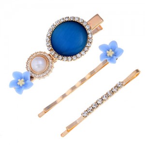 Shining Daisy Floral Design Resin Gems Inlaid Women Hair Barrette and Clips Combo - Blue