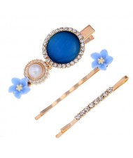 Shining Daisy Floral Design Resin Gems Inlaid Women Hair Barrette and Clips Combo - Blue