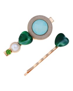 Gem Inlaid Elegant Korean Fashion Women Hair Barrette and Clip Combo - Green