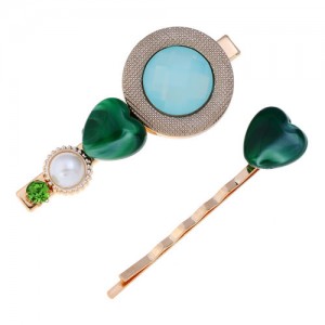 Gem Inlaid Elegant Korean Fashion Women Hair Barrette and Clip Combo - Green