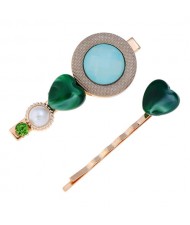 Gem Inlaid Elegant Korean Fashion Women Hair Barrette and Clip Combo - Green